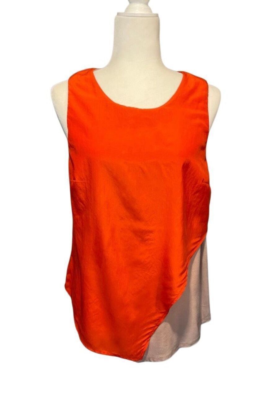 Anthropologie Bordeaux satin orange and tan asymmetric layered sleeveless tank -
